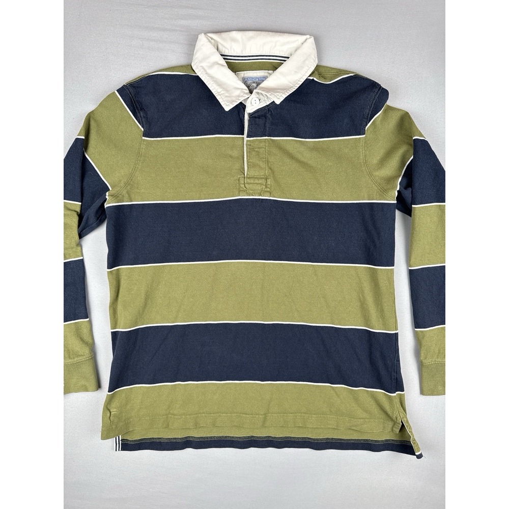 Lands' End Rugby Shirt Mens Large Green Blue Striped Long Sleeve Cotton - Picture 2 of 16